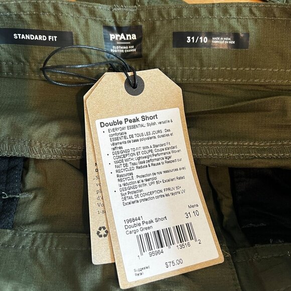 prAna Mens 31"W / 10"Length Standard Double Peak Hiking Short in Cargo Green - Picture 8 of 9